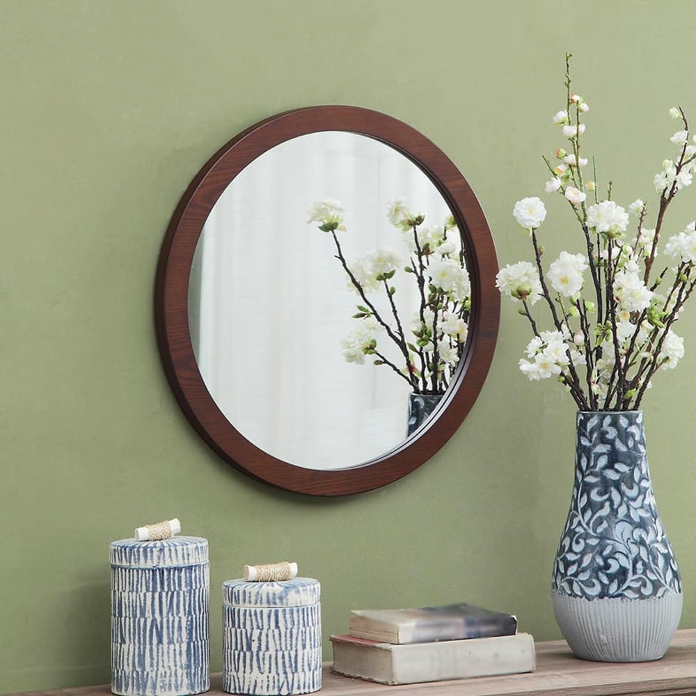 Wooden Framed HD Mirror - 30cm Round Wall Decor for Living Room