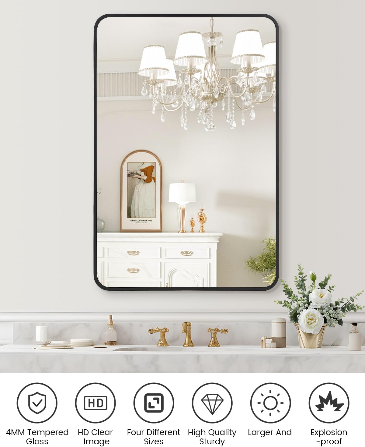 Amyove Black Metal Framed Mirror 48x30 Inch Rounded Rectangle Matte Vanity Bathroom Mirror Farmhouse