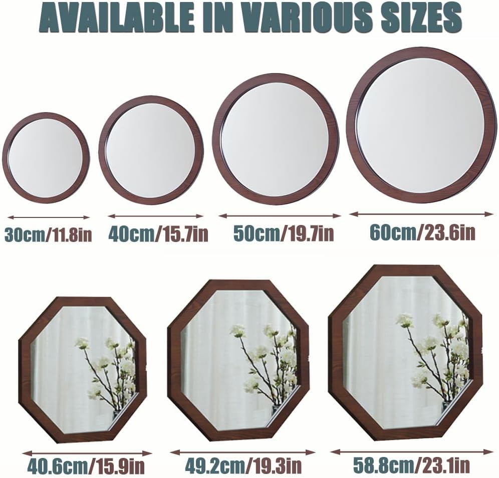 Wooden Framed HD Mirror - 30cm Round Wall Decor for Living Room