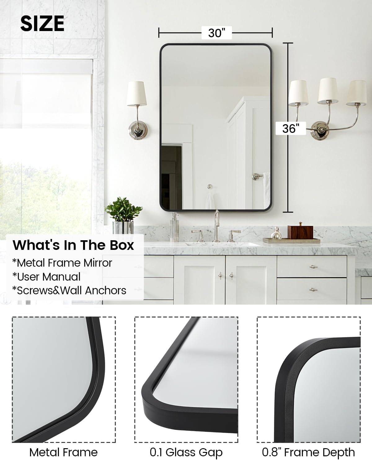 Amyove Black Metal Framed Mirror 48x30 Inch Rounded Rectangle Matte Vanity Bathroom Mirror Farmhouse