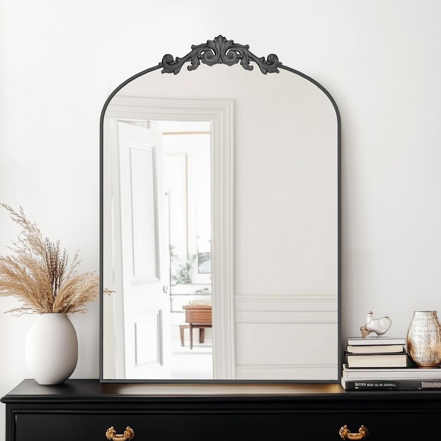 Vintage Wall Mirror 22x30 Inch Arched Decorative Mirror with Black Carved Metal Frame