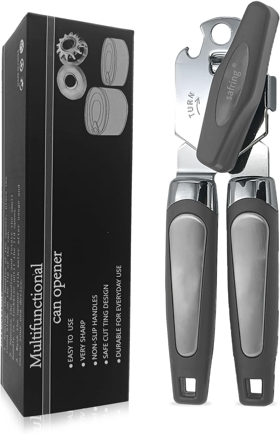 Safring Manual Can Opener with Bottle Opener Heavy Duty Stainless Steel Comfortable Handle Gray