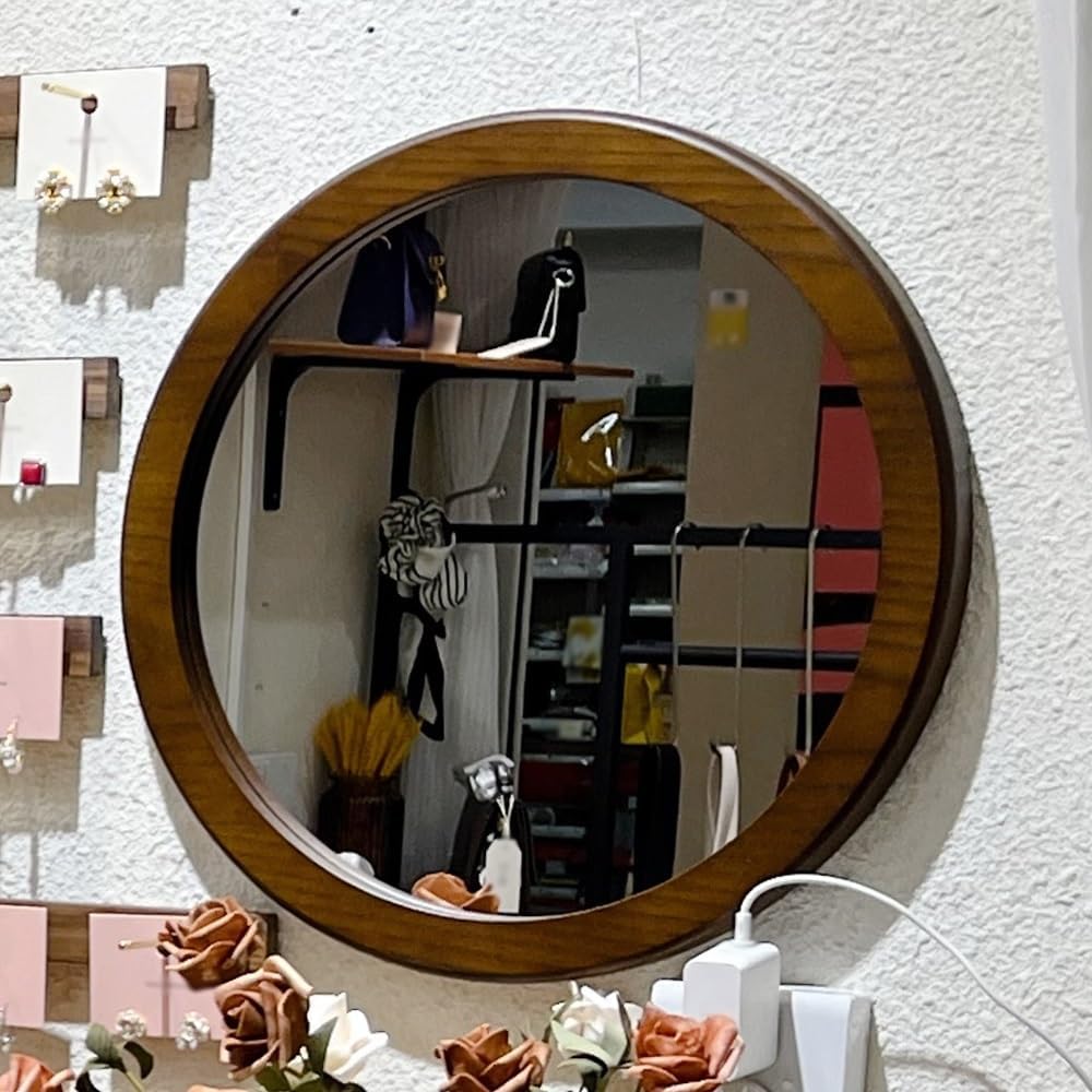 Wooden Framed HD Mirror - 30cm Round Wall Decor for Living Room