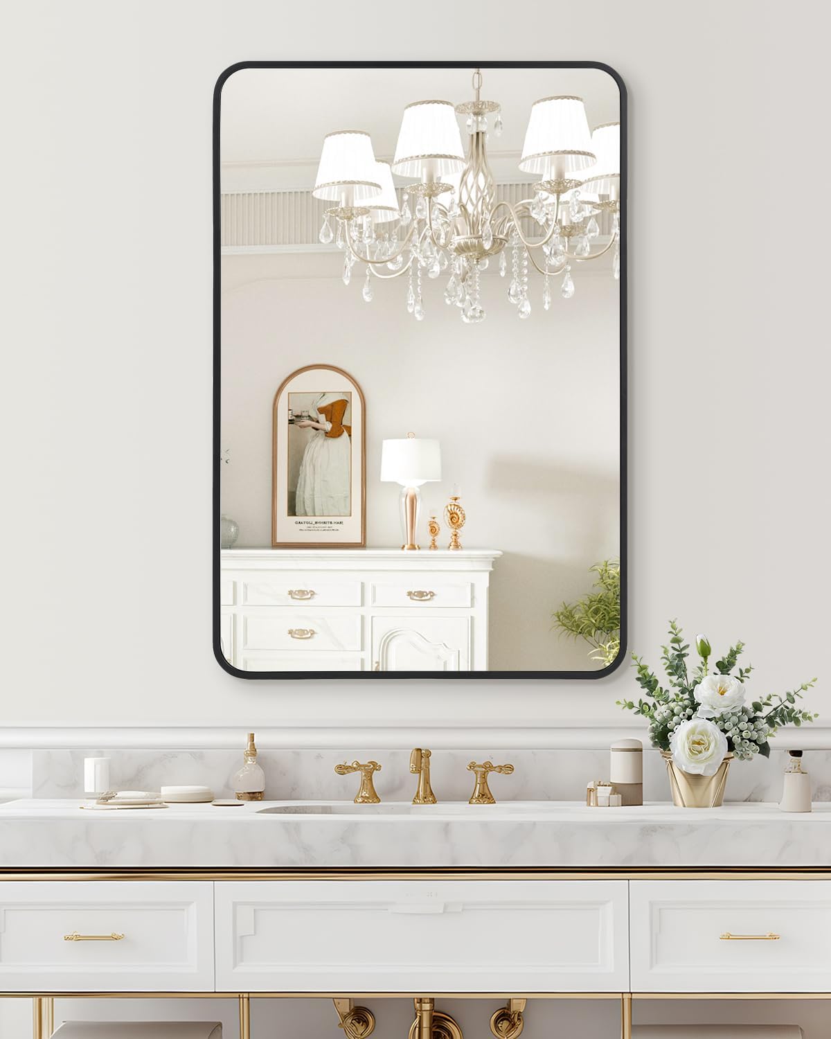 Amyove Black Metal Framed Mirror 48x30 Inch Rounded Rectangle Matte Vanity Bathroom Mirror Farmhouse