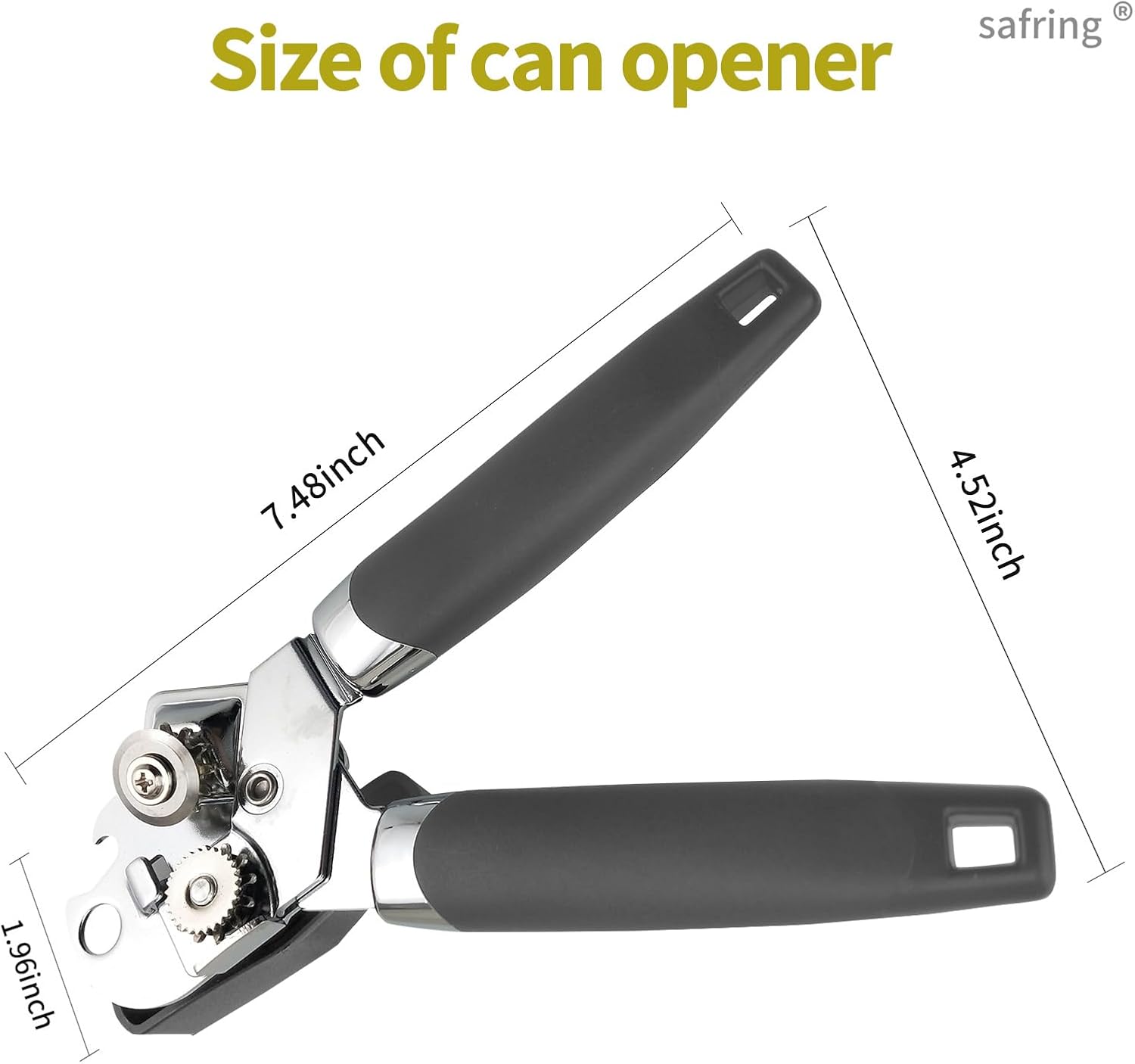 Safring Manual Can Opener with Bottle Opener Heavy Duty Stainless Steel Comfortable Handle Gray
