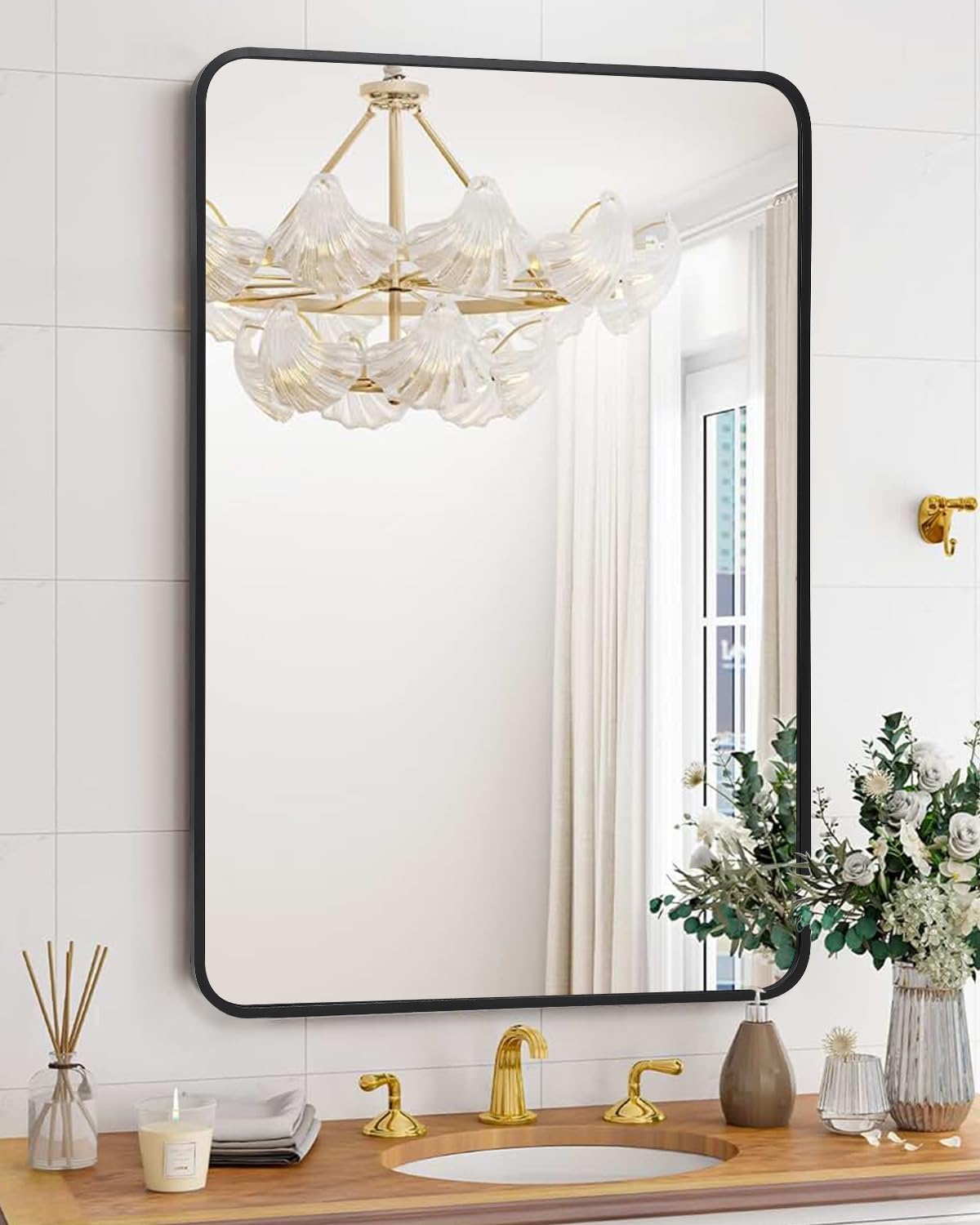 Amyove Black Metal Framed Mirror 48x30 Inch Rounded Rectangle Matte Vanity Bathroom Mirror Farmhouse