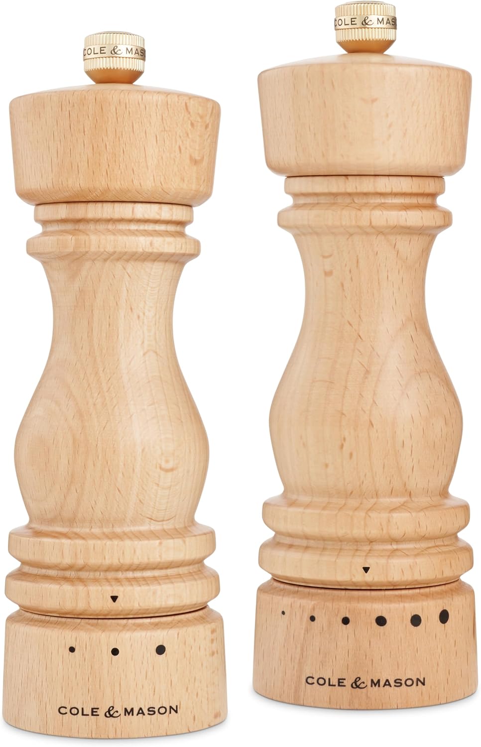 Cole Mason London Salt Pepper Mill Set - 7 Adjustable Spice Shakers with Beech Wood Design