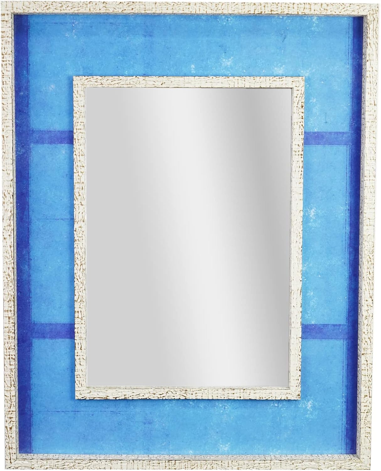 Head West Blue Linear Print Distressed White Raised Lip Double Framed Mirror 1
