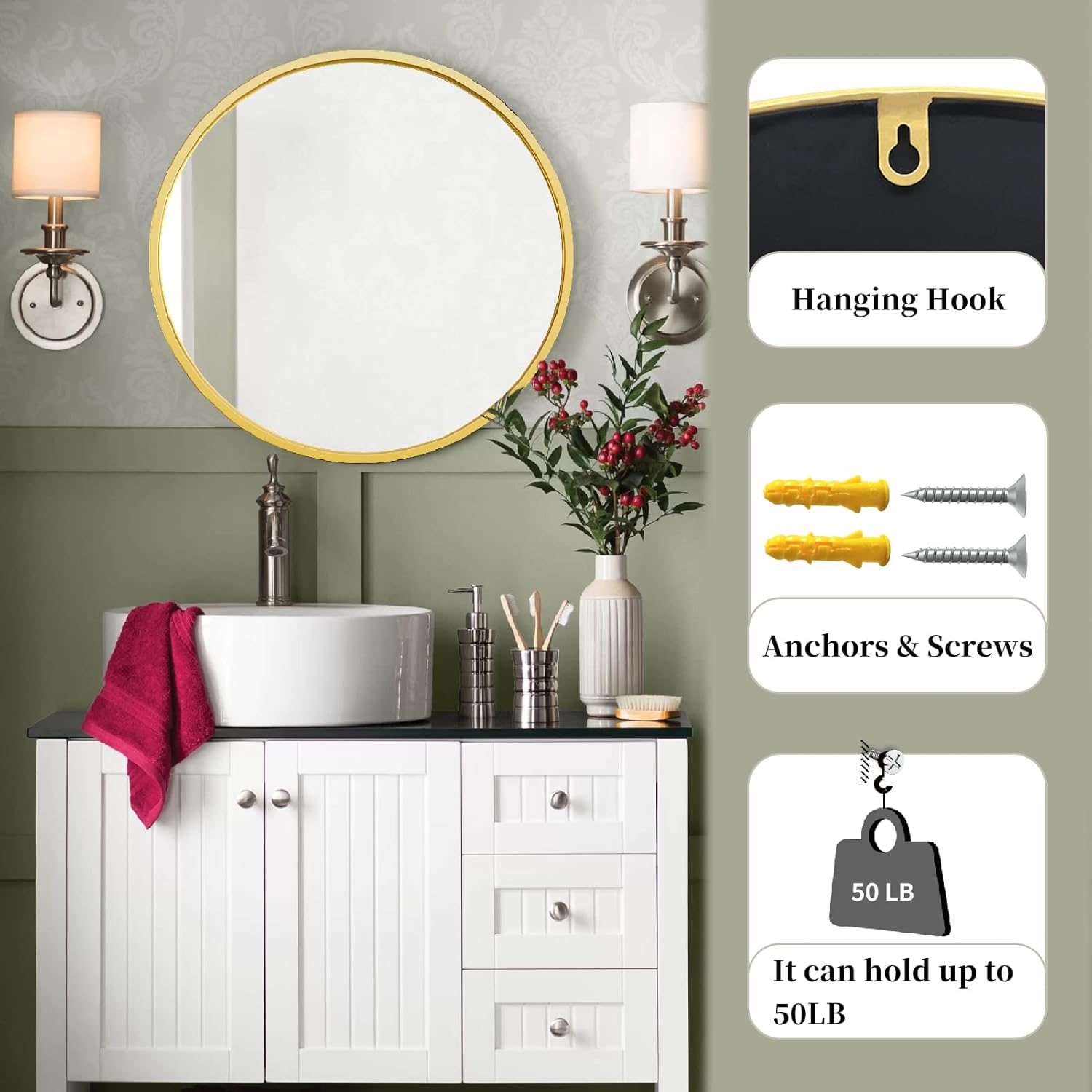 Gold Round Mirror 24 Inches Matte Metal Frame Wall Decor