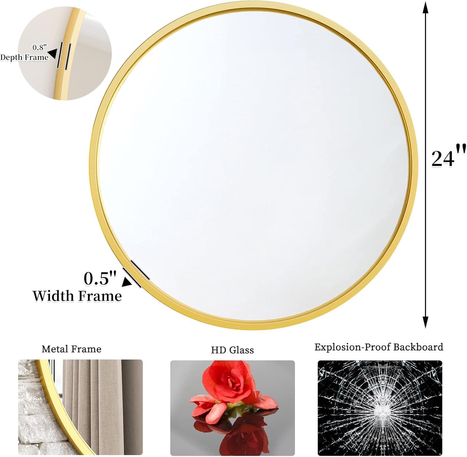 Gold Round Mirror 24 Inches Matte Metal Frame Wall Decor