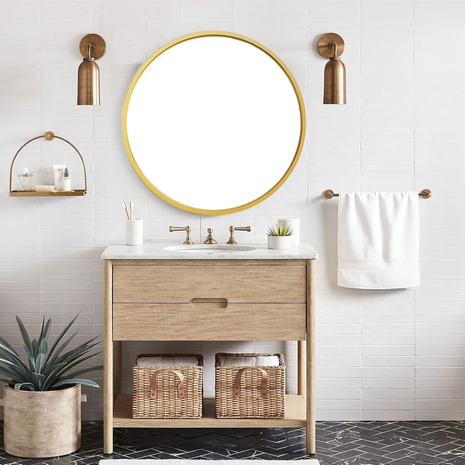 Gold Round Mirror 24 Inches Matte Metal Frame Wall Decor