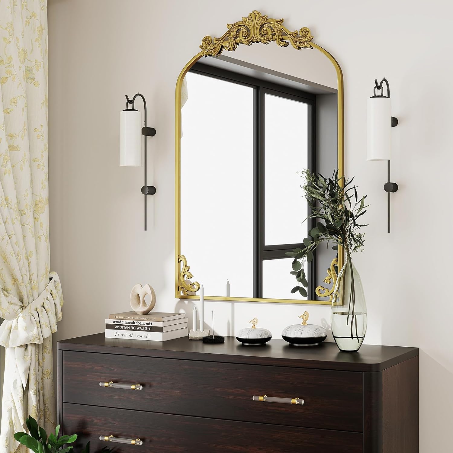 VooBang 24x36 inch Vintage Arched Gold Mirror