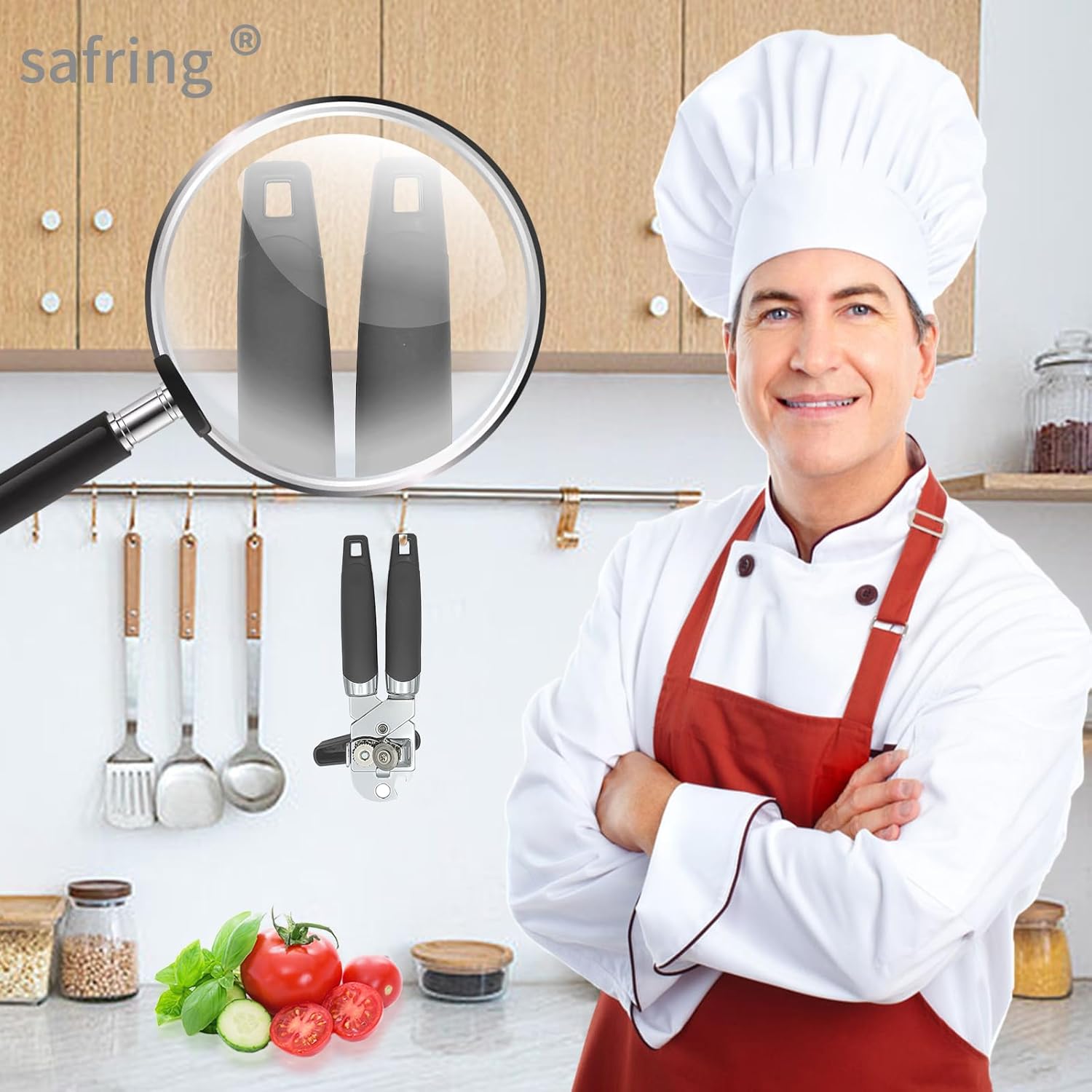 Safring Manual Can Opener with Bottle Opener Heavy Duty Stainless Steel Comfortable Handle Gray