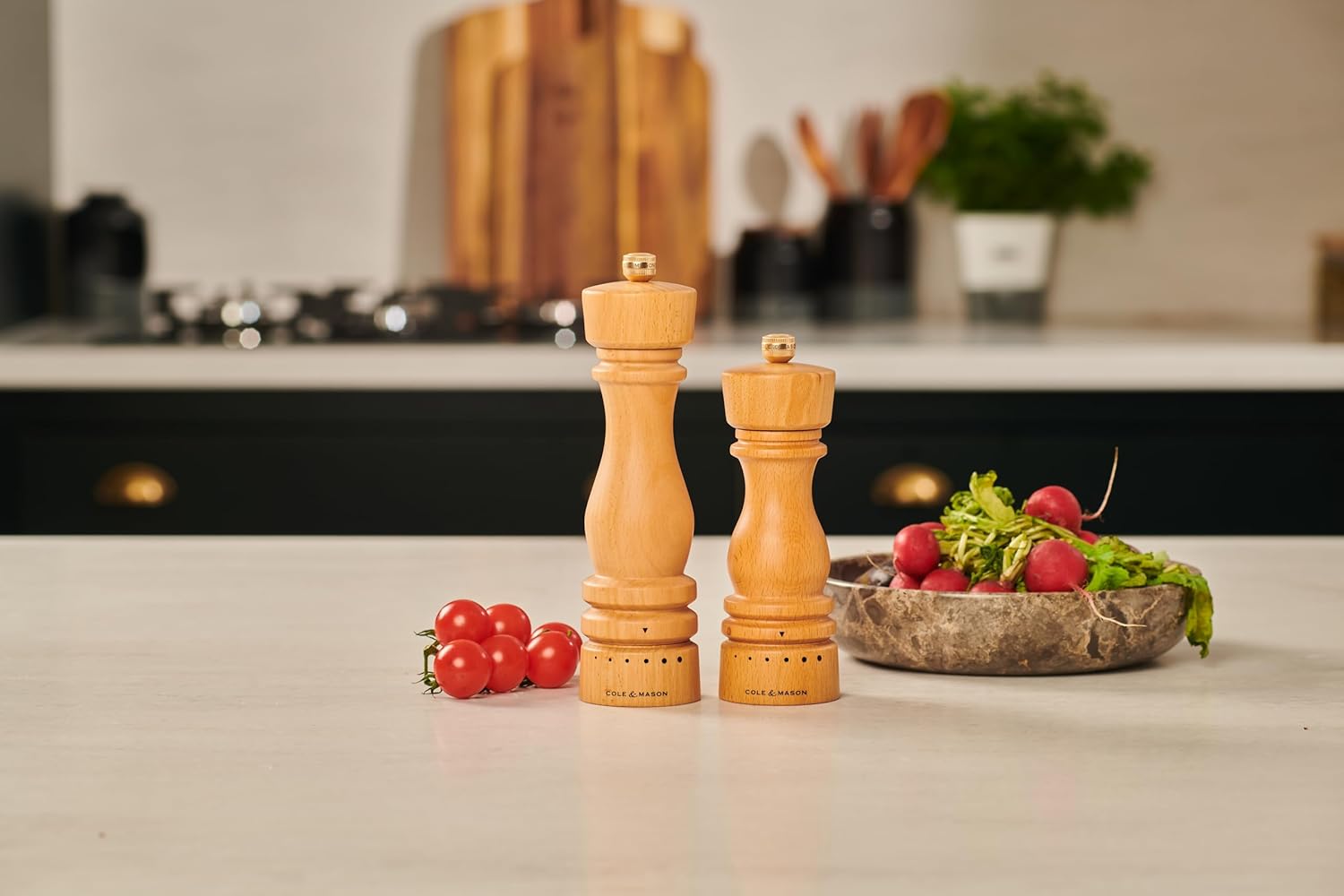 Cole Mason London Salt Pepper Mill Set - 7 Adjustable Spice Shakers with Beech Wood Design