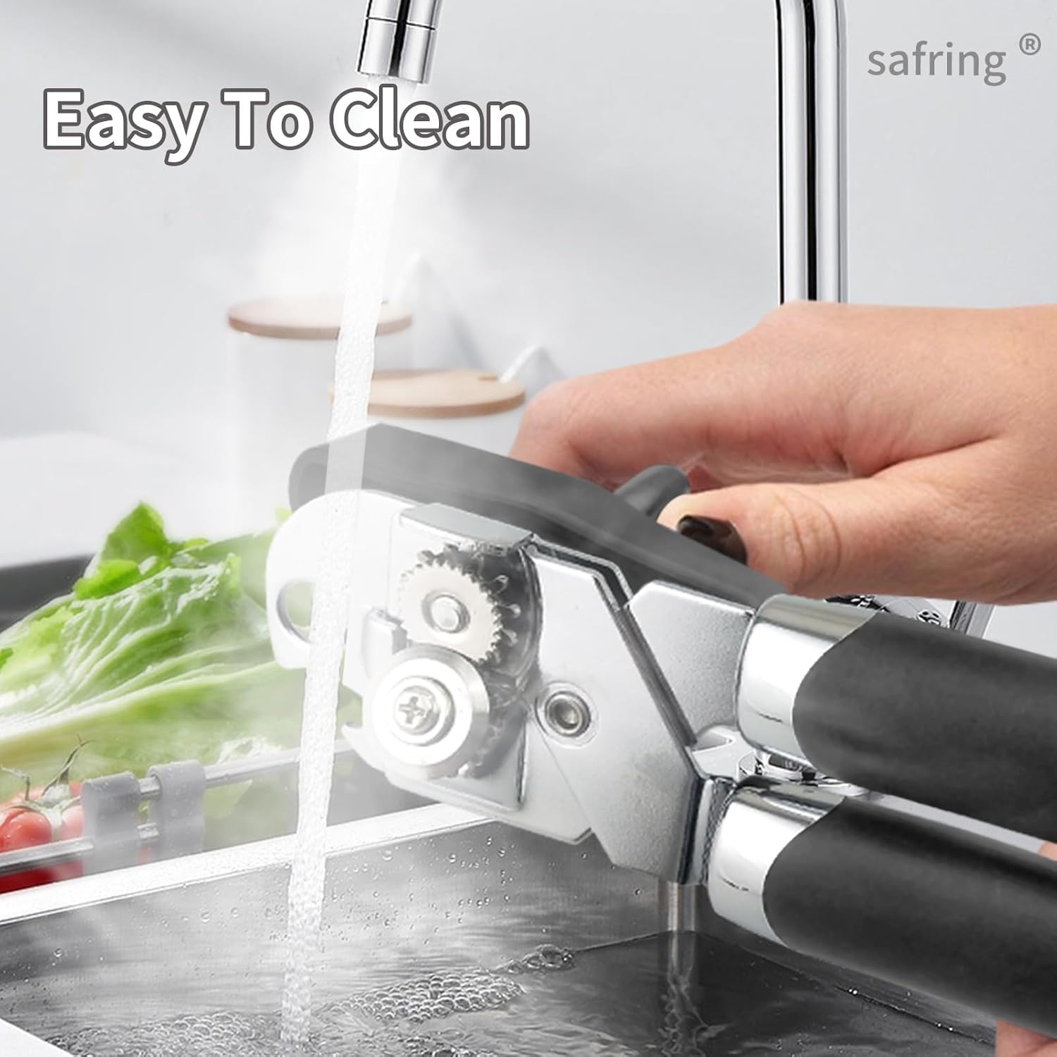 Safring Manual Can Opener with Bottle Opener Heavy Duty Stainless Steel Comfortable Handle Gray