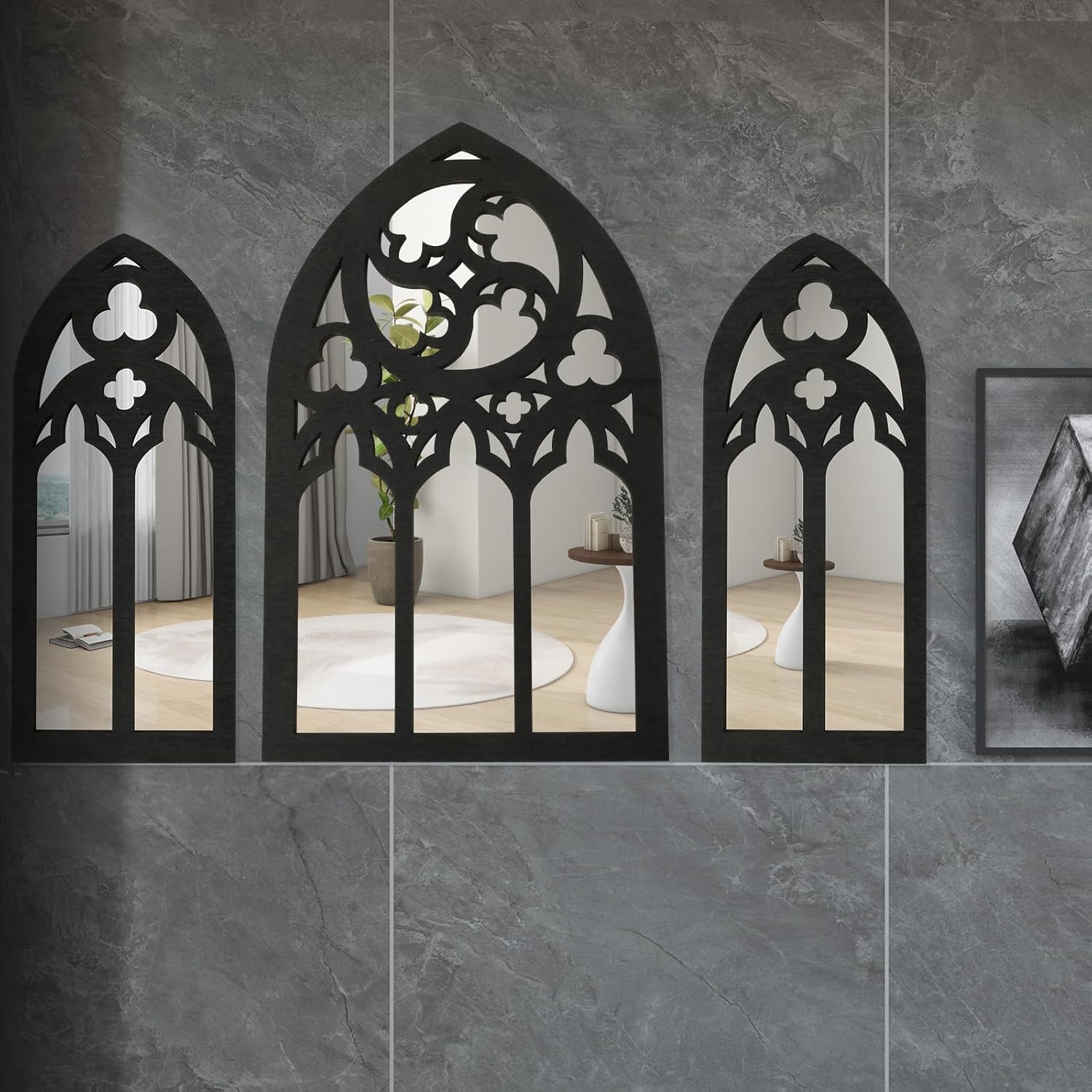 3Pcs Gothic Arched Wall Mirror Set for Home Decor