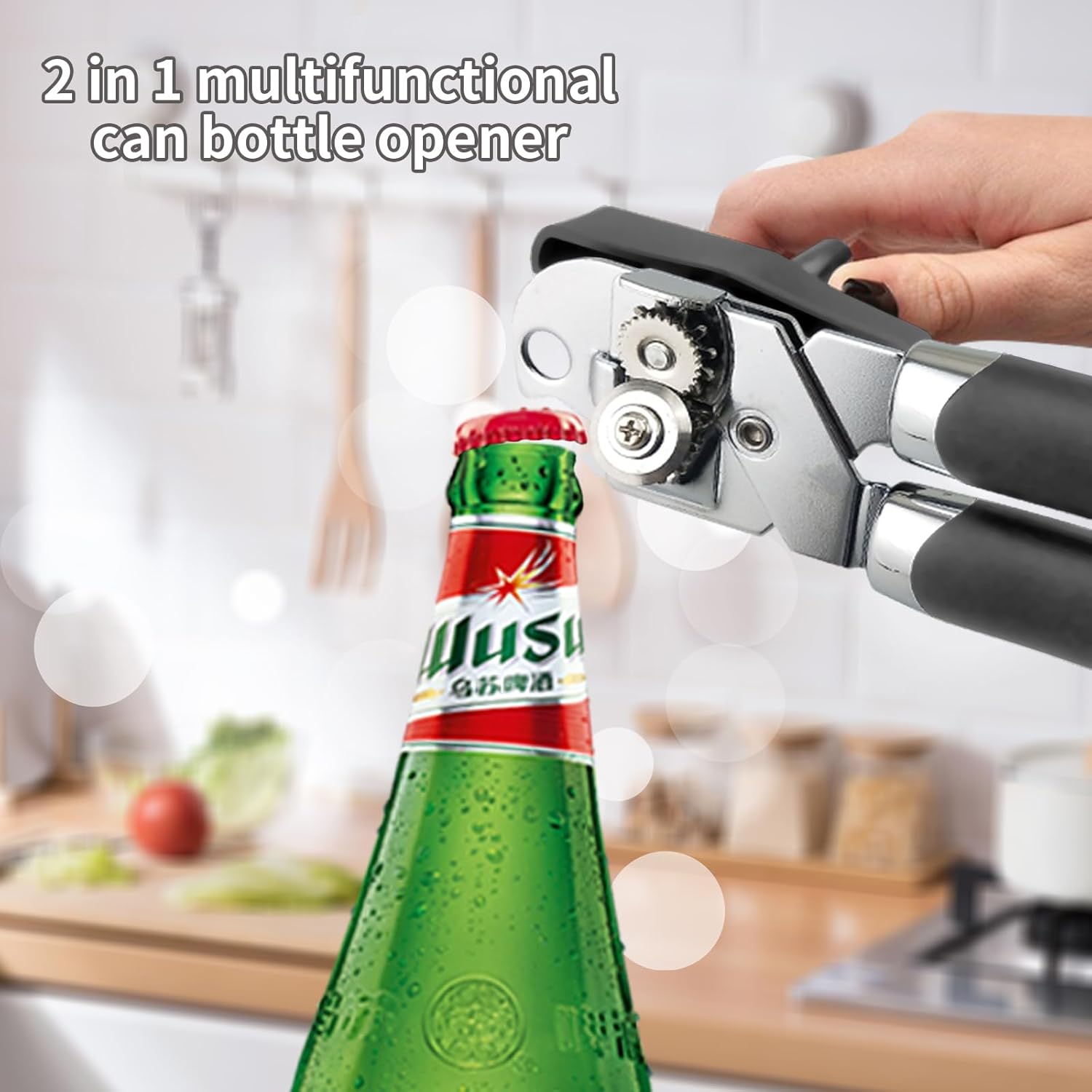 Safring Manual Can Opener with Bottle Opener Heavy Duty Stainless Steel Comfortable Handle Gray