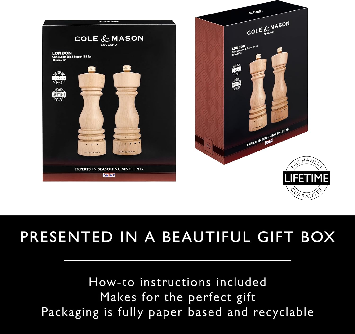 Cole Mason London Salt Pepper Mill Set - 7 Adjustable Spice Shakers with Beech Wood Design