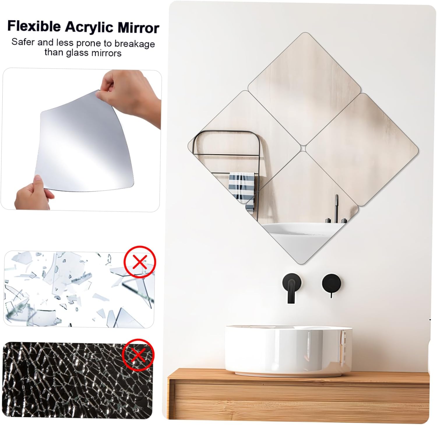 Cabilock Black Mirror Tiles Self Adhesive 4 Piece Wall Decor