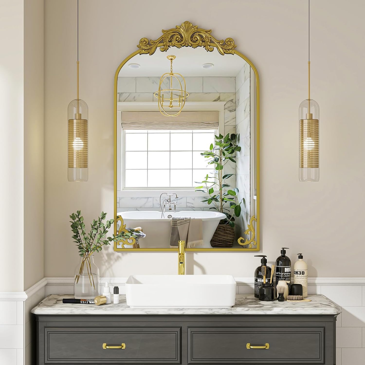 VooBang 24x36 inch Vintage Arched Gold Mirror