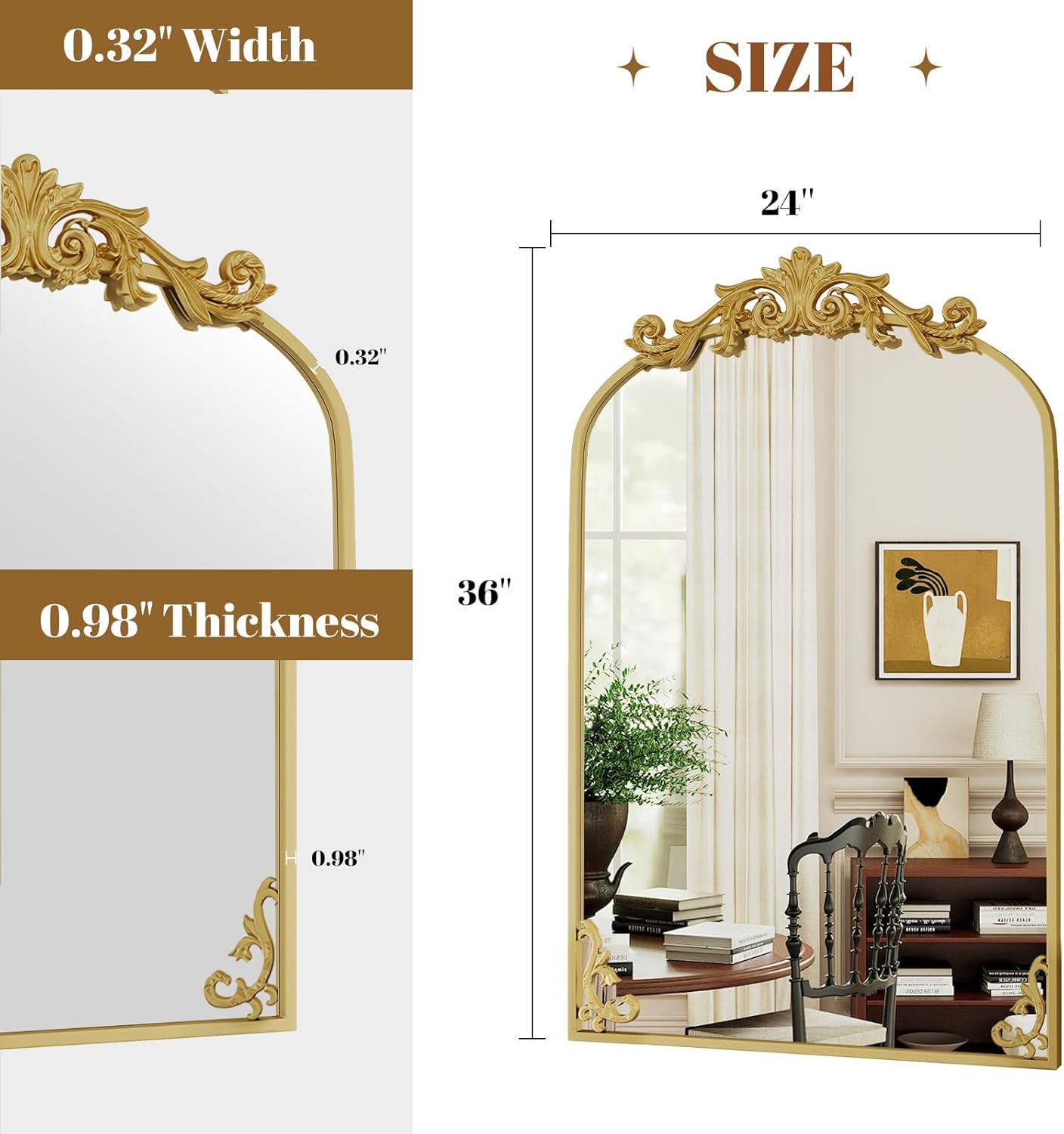 VooBang 24x36 inch Vintage Arched Gold Mirror