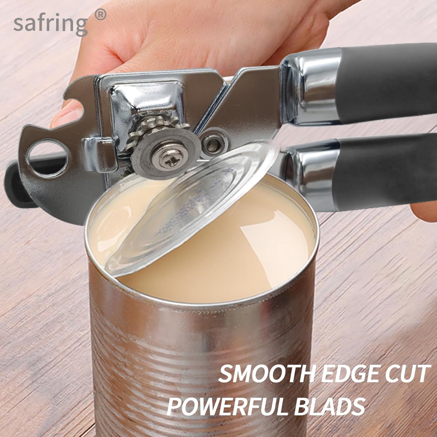 Safring Manual Can Opener with Bottle Opener Heavy Duty Stainless Steel Comfortable Handle Gray