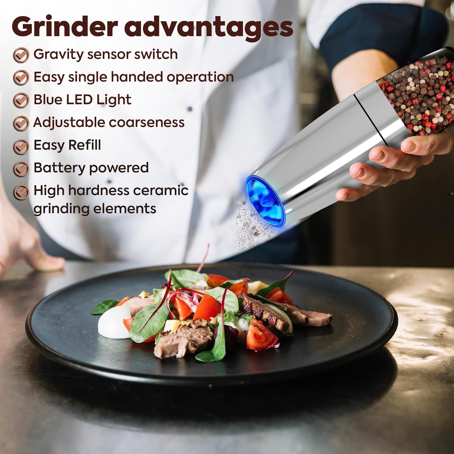 Electric Salt and Pepper Grinder Set of 2 - Stainless Steel with LED Light and Battery