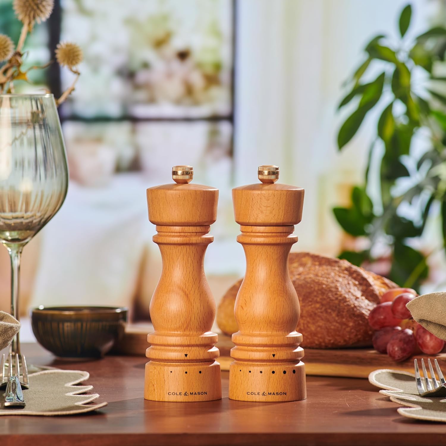 Cole Mason London Salt Pepper Mill Set - 7 Adjustable Spice Shakers with Beech Wood Design