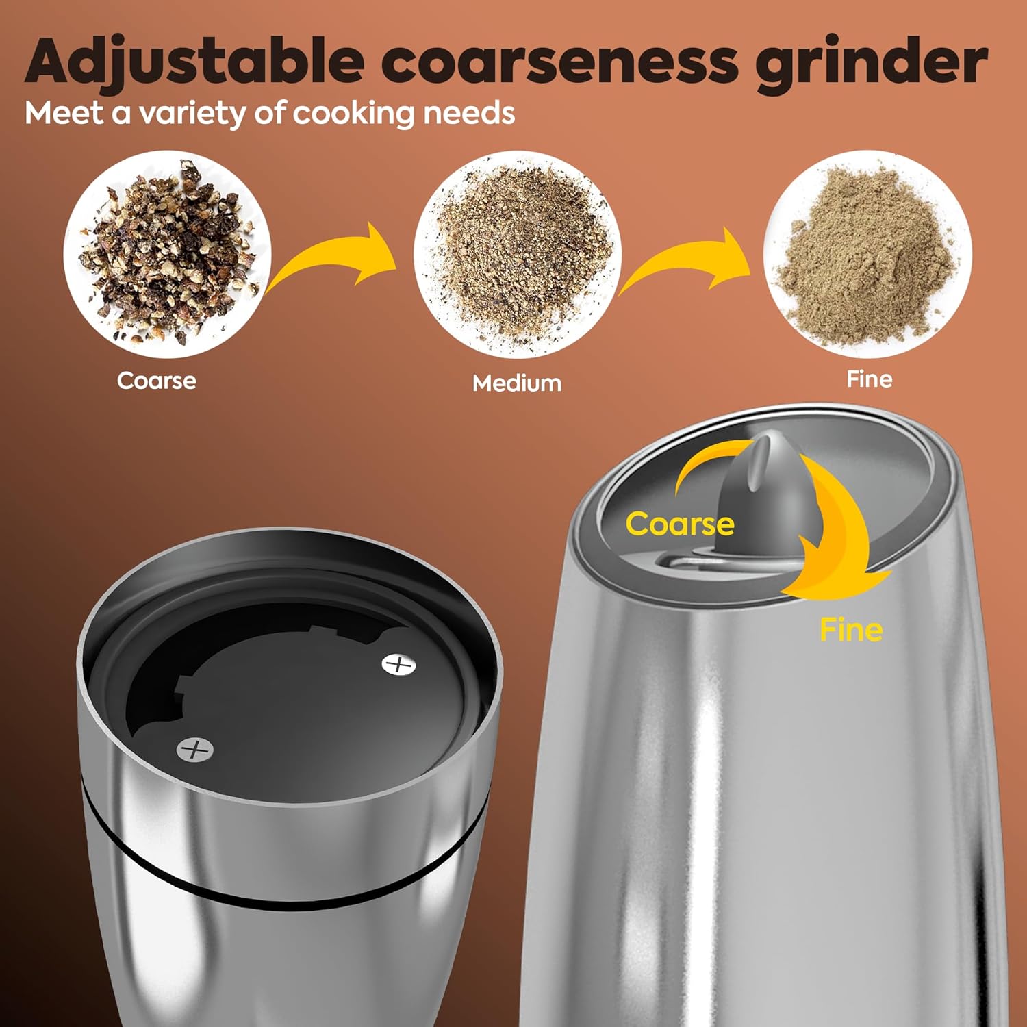 Electric Salt and Pepper Grinder Set of 2 - Stainless Steel with LED Light and Battery