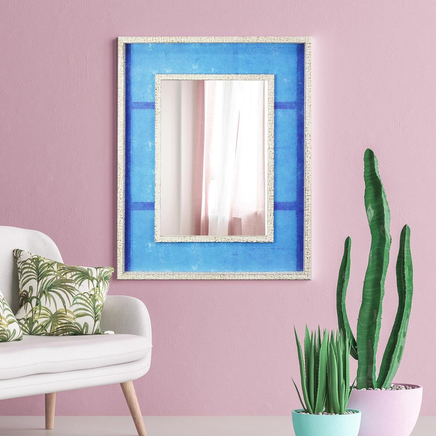 Head West Blue Linear Print Distressed White Raised Lip Double Framed Mirror 1