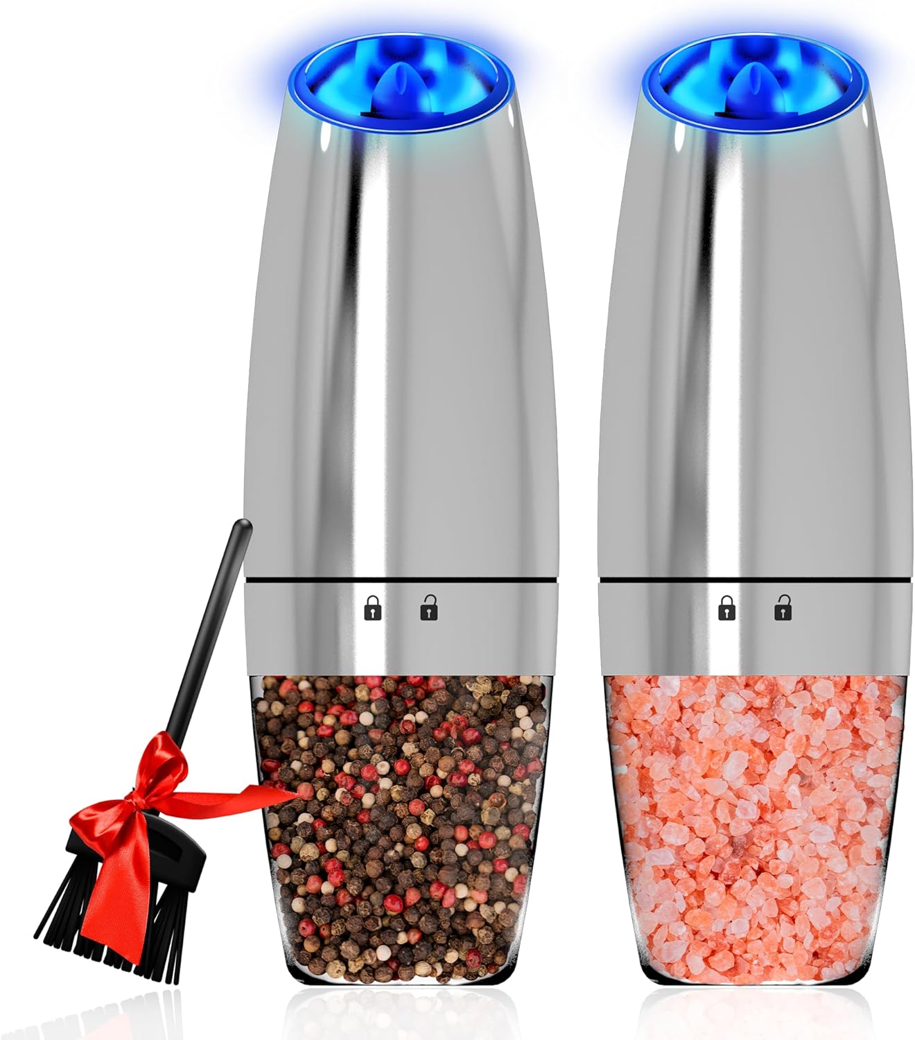 Electric Salt and Pepper Grinder Set of 2 - Stainless Steel with LED Light and Battery