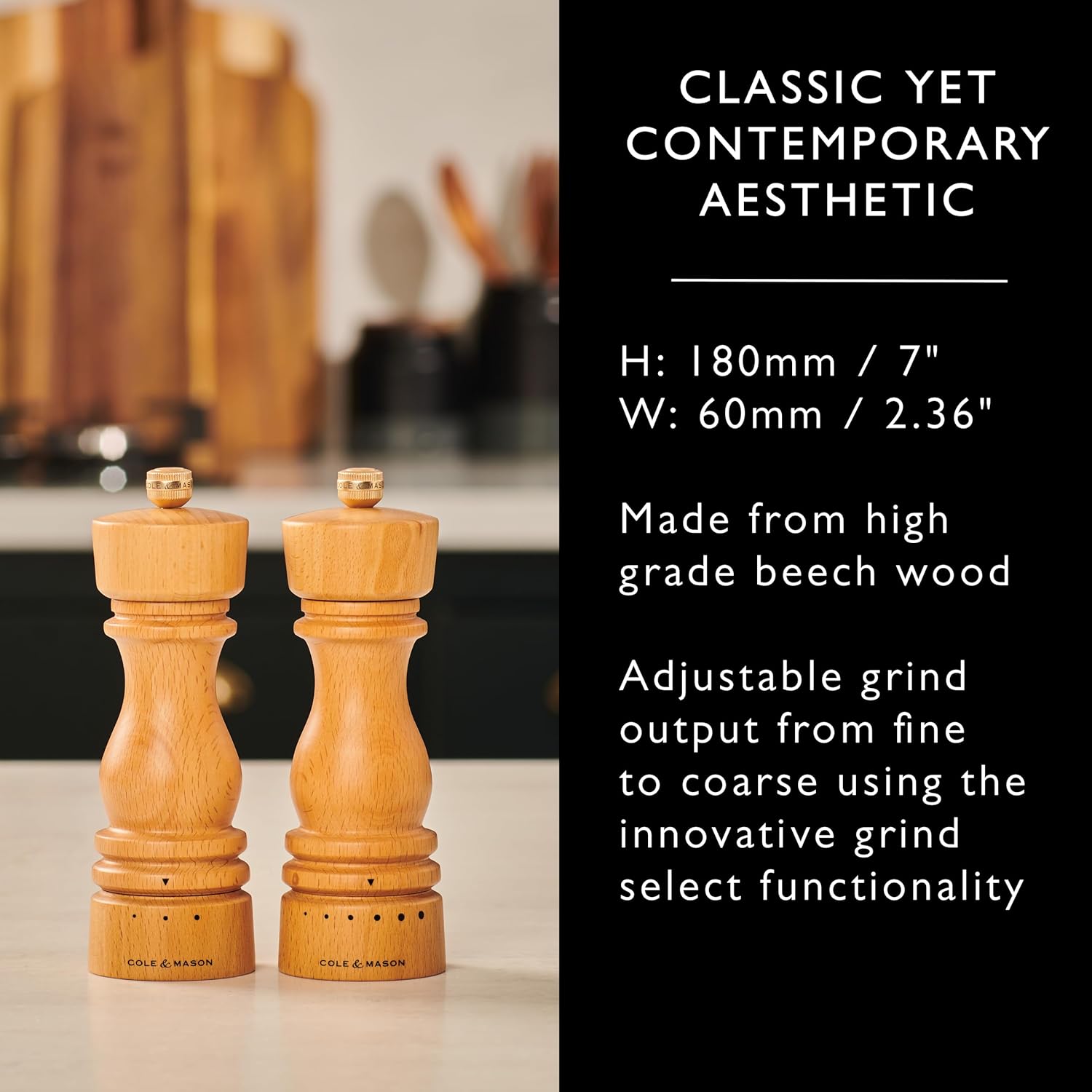 Cole Mason London Salt Pepper Mill Set - 7 Adjustable Spice Shakers with Beech Wood Design