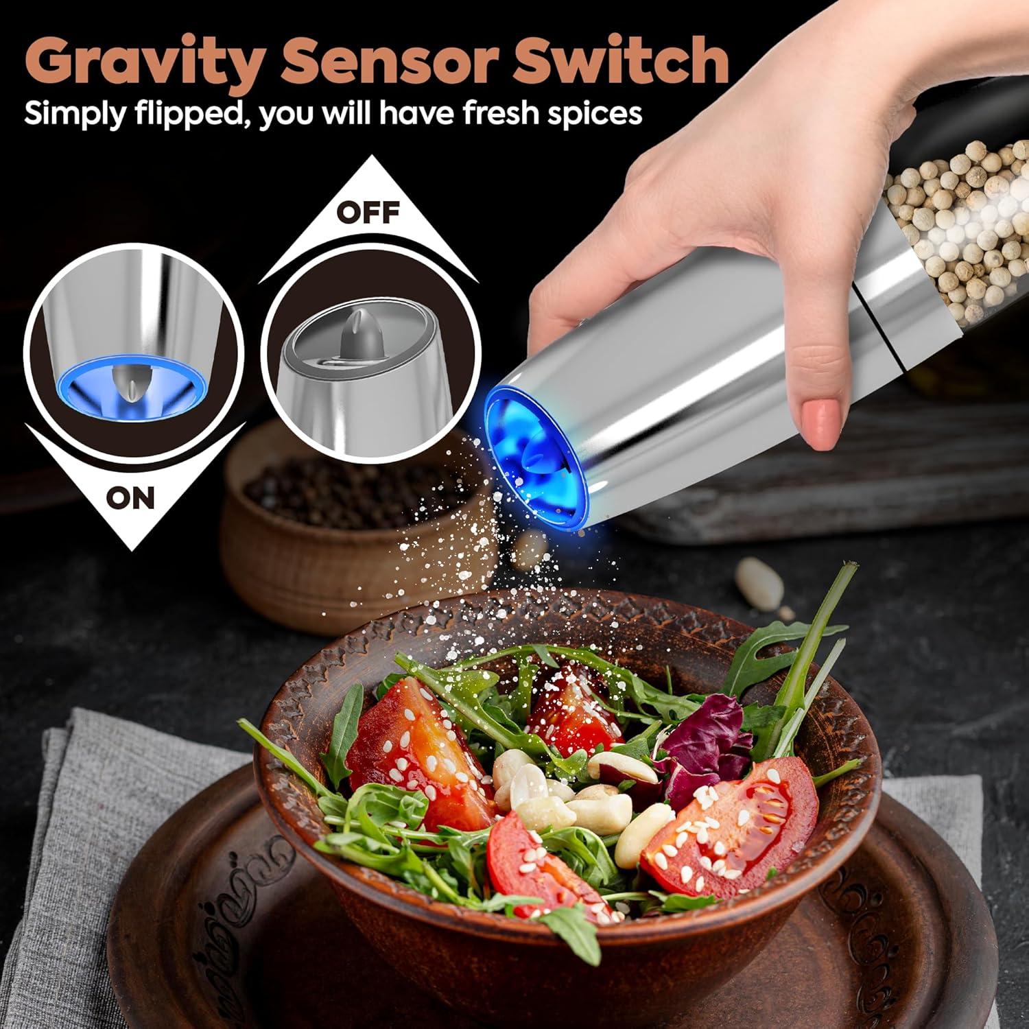 Electric Salt and Pepper Grinder Set of 2 - Stainless Steel with LED Light and Battery