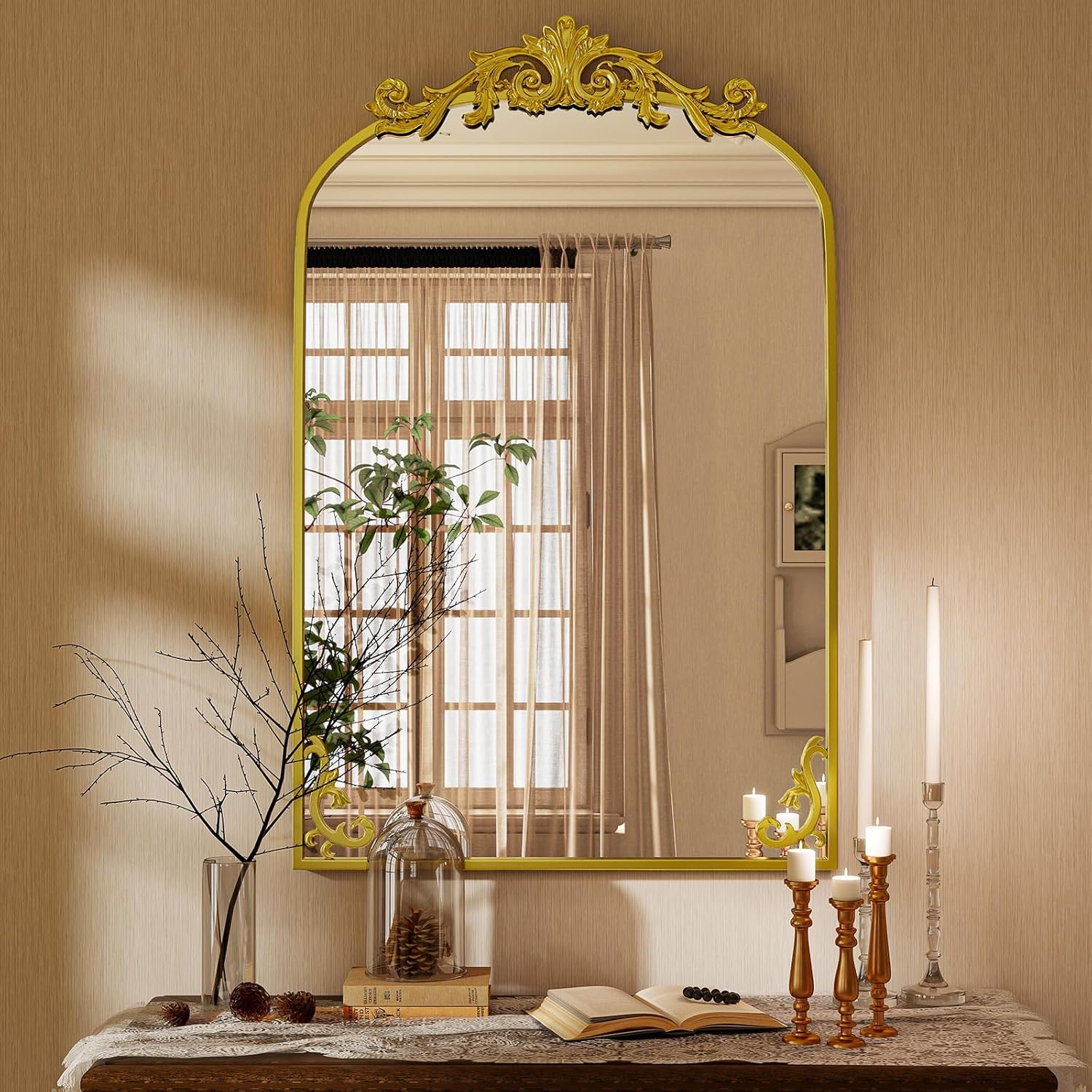 VooBang 24x36 inch Vintage Arched Gold Mirror