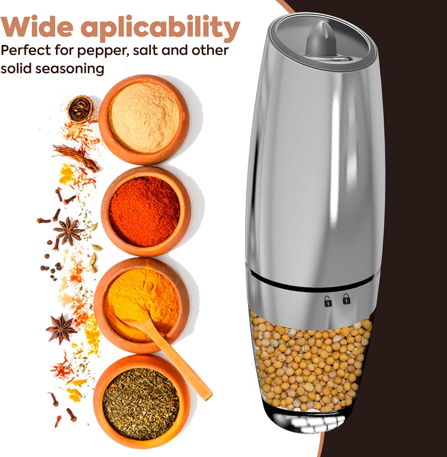 Electric Salt and Pepper Grinder Set of 2 - Stainless Steel with LED Light and Battery