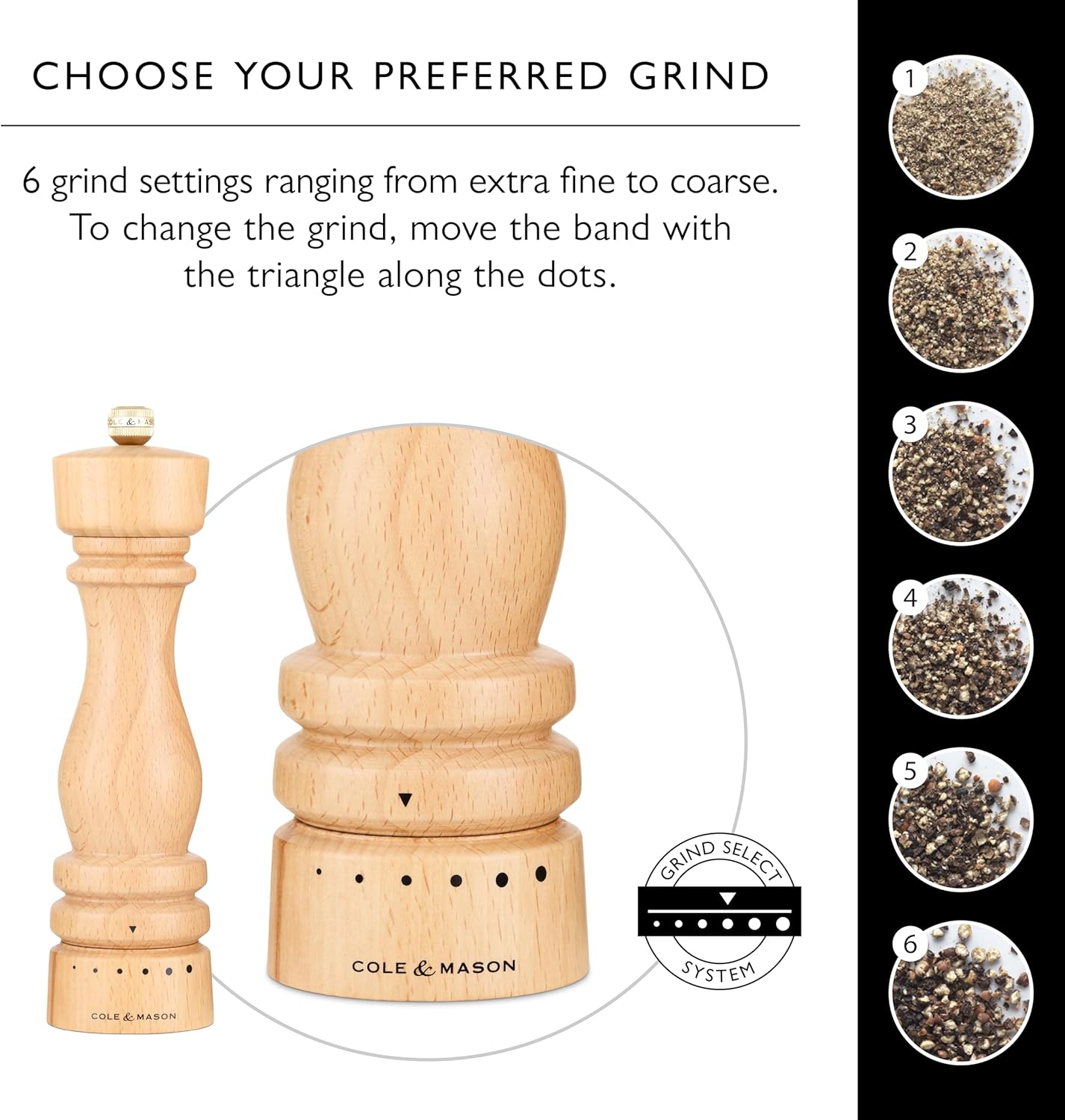 Cole Mason London Salt Pepper Mill Set - 7 Adjustable Spice Shakers with Beech Wood Design