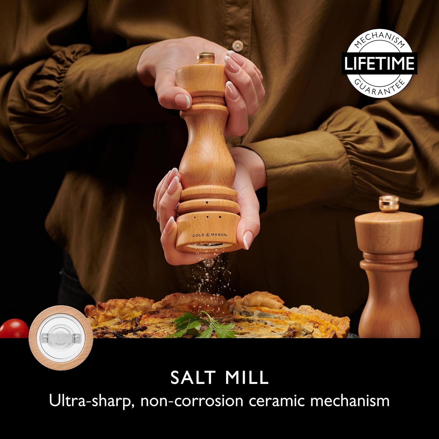 Cole Mason London Salt Pepper Mill Set - 7 Adjustable Spice Shakers with Beech Wood Design