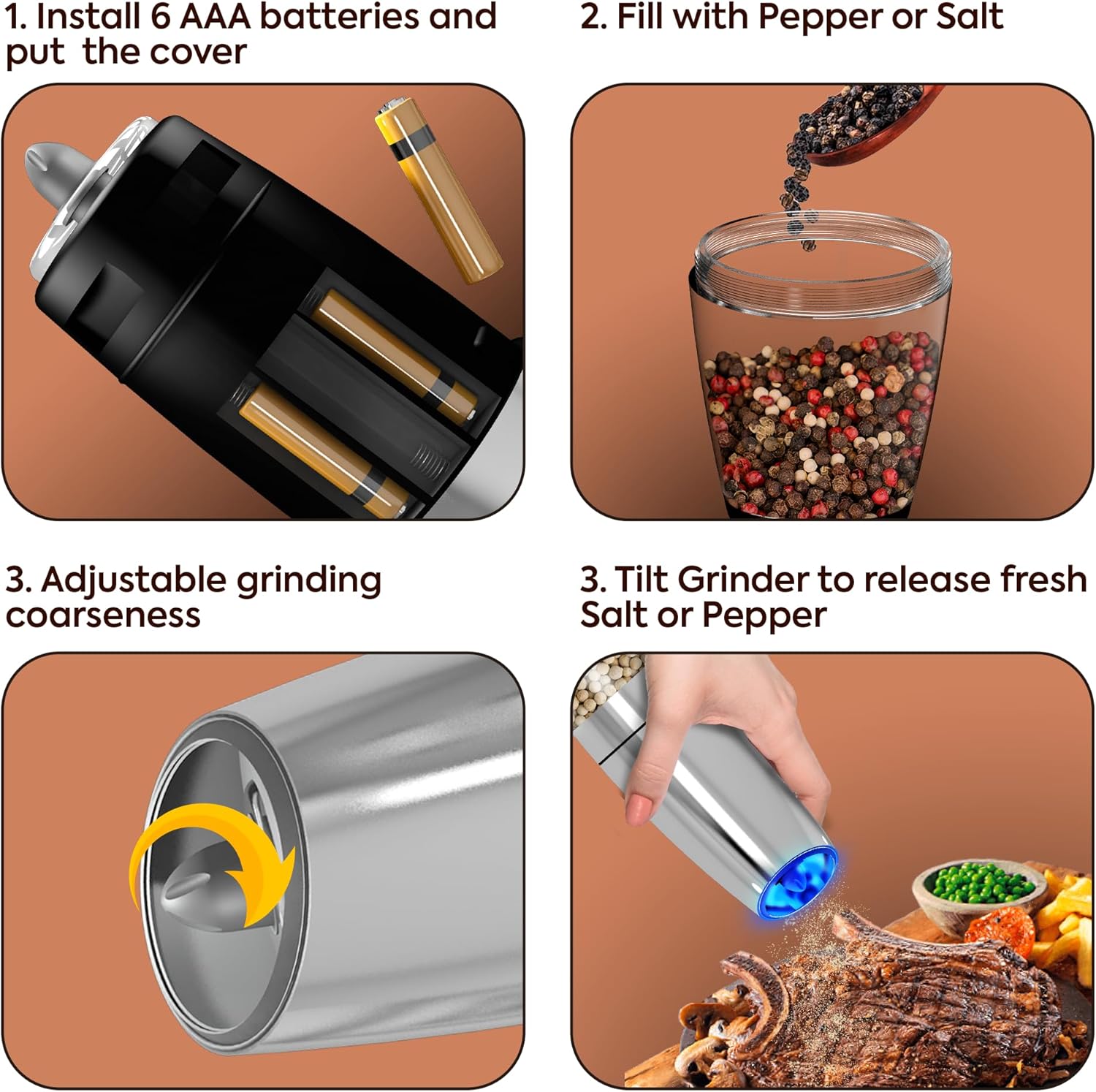 Electric Salt and Pepper Grinder Set of 2 - Stainless Steel with LED Light and Battery